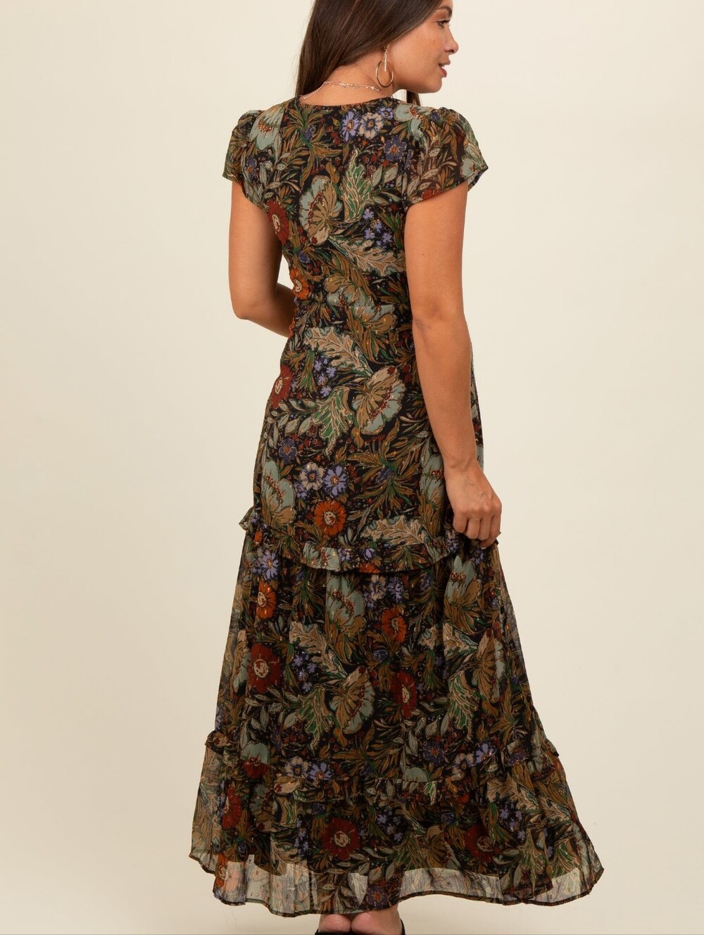 Black Floral Deep V-Neck Tiered Maternity Maxi Dress - Picture 2 of 5